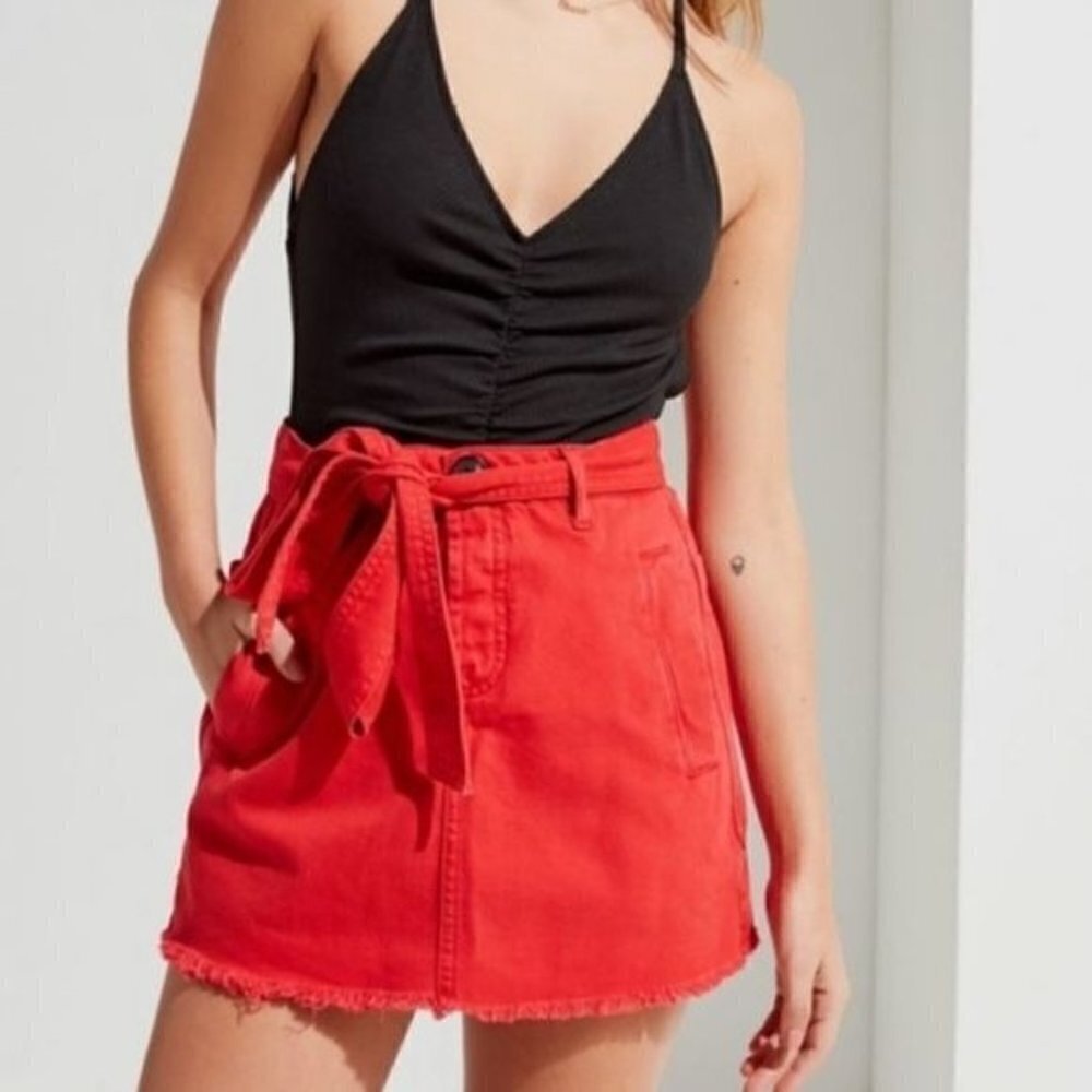 BDG Red Denim Jean Raw Hem Skirt with Bow Belt M